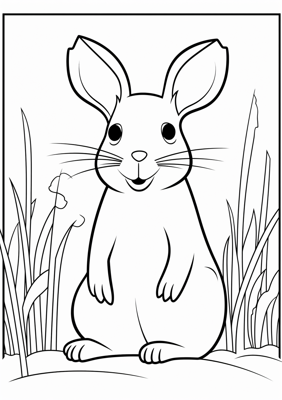Line-drawing of bunny in a grassy meadow; simple shapes and lines.printable coloring page, black and white, free download