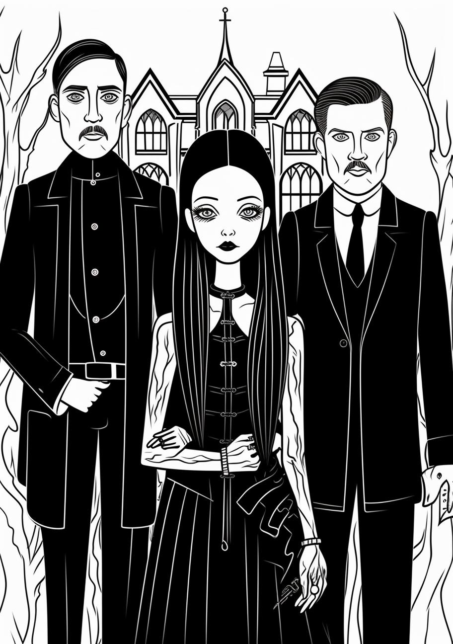 Vintage Addams Family drawing, with Wednesday Addams at the center; gothic architectural elements. printable coloring page, black and white, free download