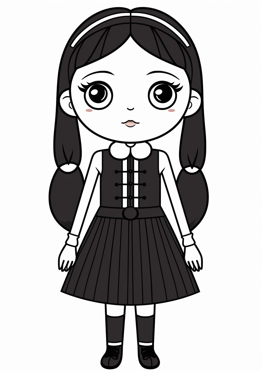 Child-friendly rendering of Wednesday Addams with friendly wave and smile; bold lines and easy to color sections. printable coloring page, black and white, free download