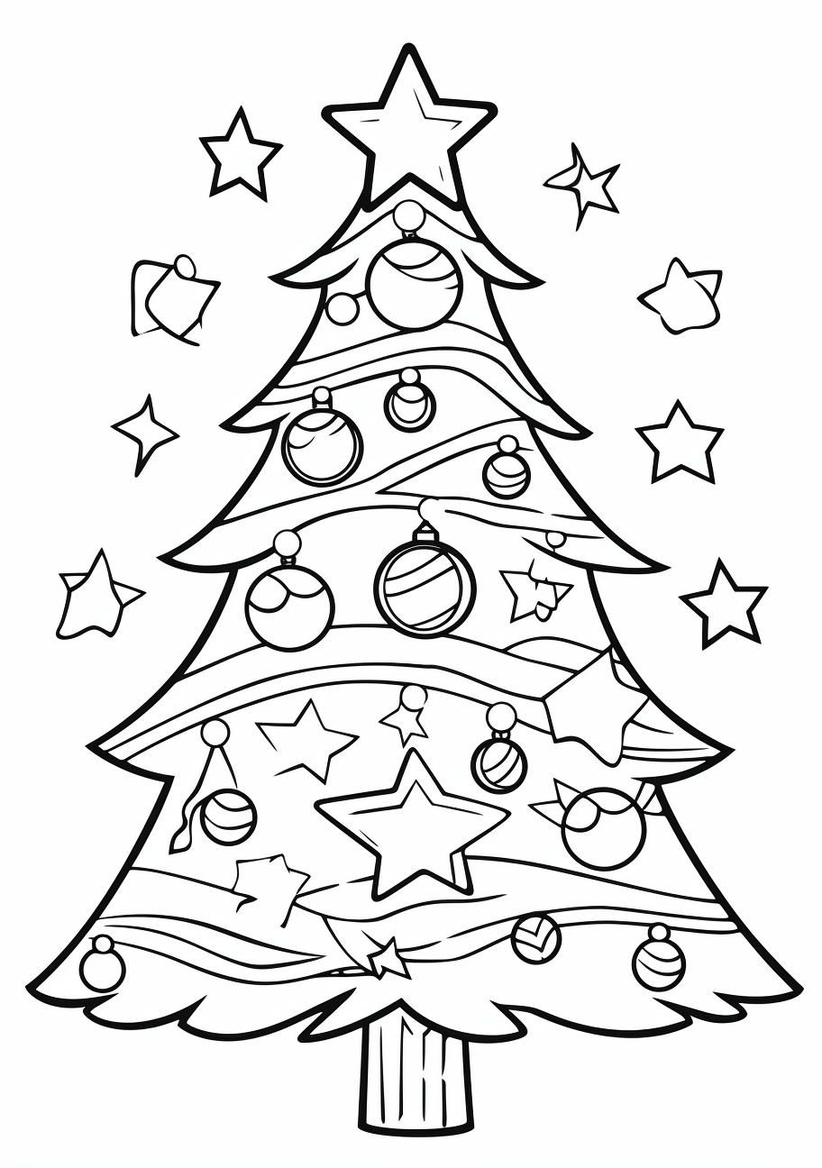 Christmas tree with star-shaped decorations; bold outlines with moderate details. printable coloring page, black and white, free download