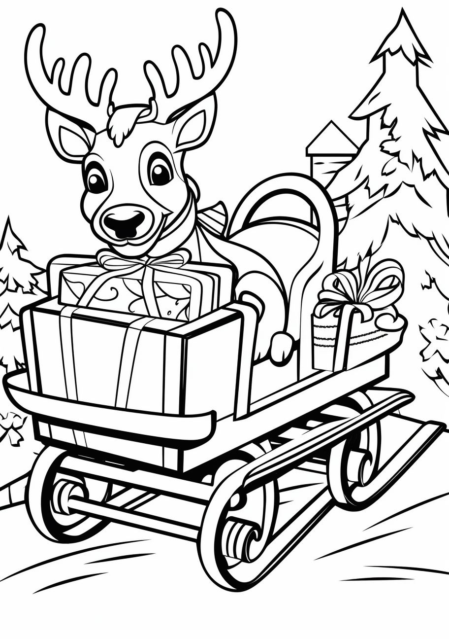 Depiction of cute reindeer pulling Santa's sleigh; filled with gifts; distinctive lines and rounded shapes.printable coloring page, black and white, free download