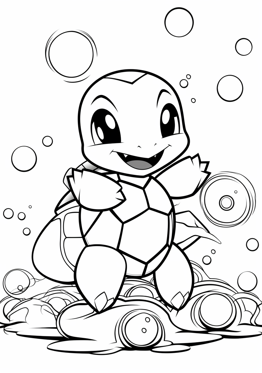 A joyful Squirtle seen in multiple activities; simple lines showcasing delightful expressions. printable coloring page, black and white, free download