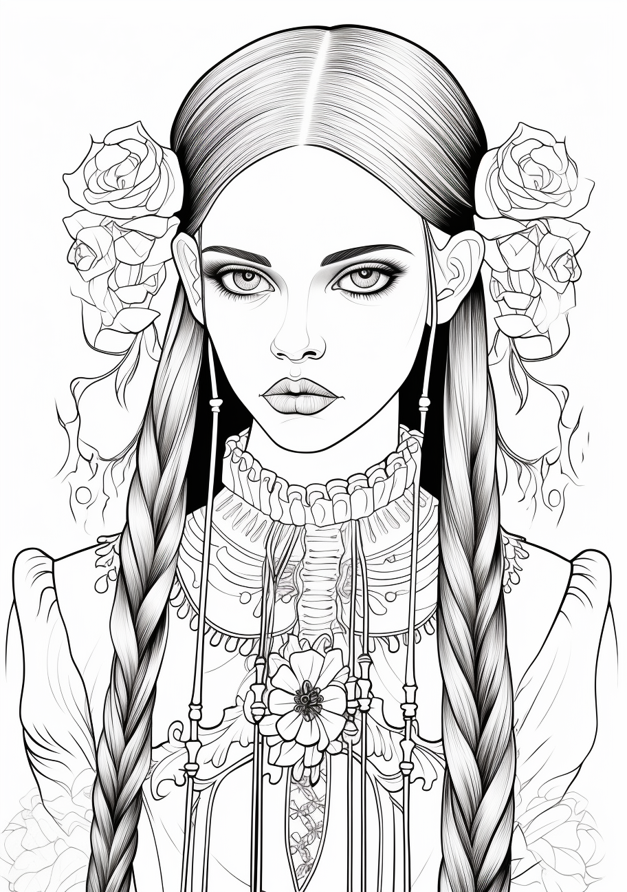 Image of Wednesday Addams rendered in baroque-style; detailed hair and ornate elements. printable coloring page, black and white, free download