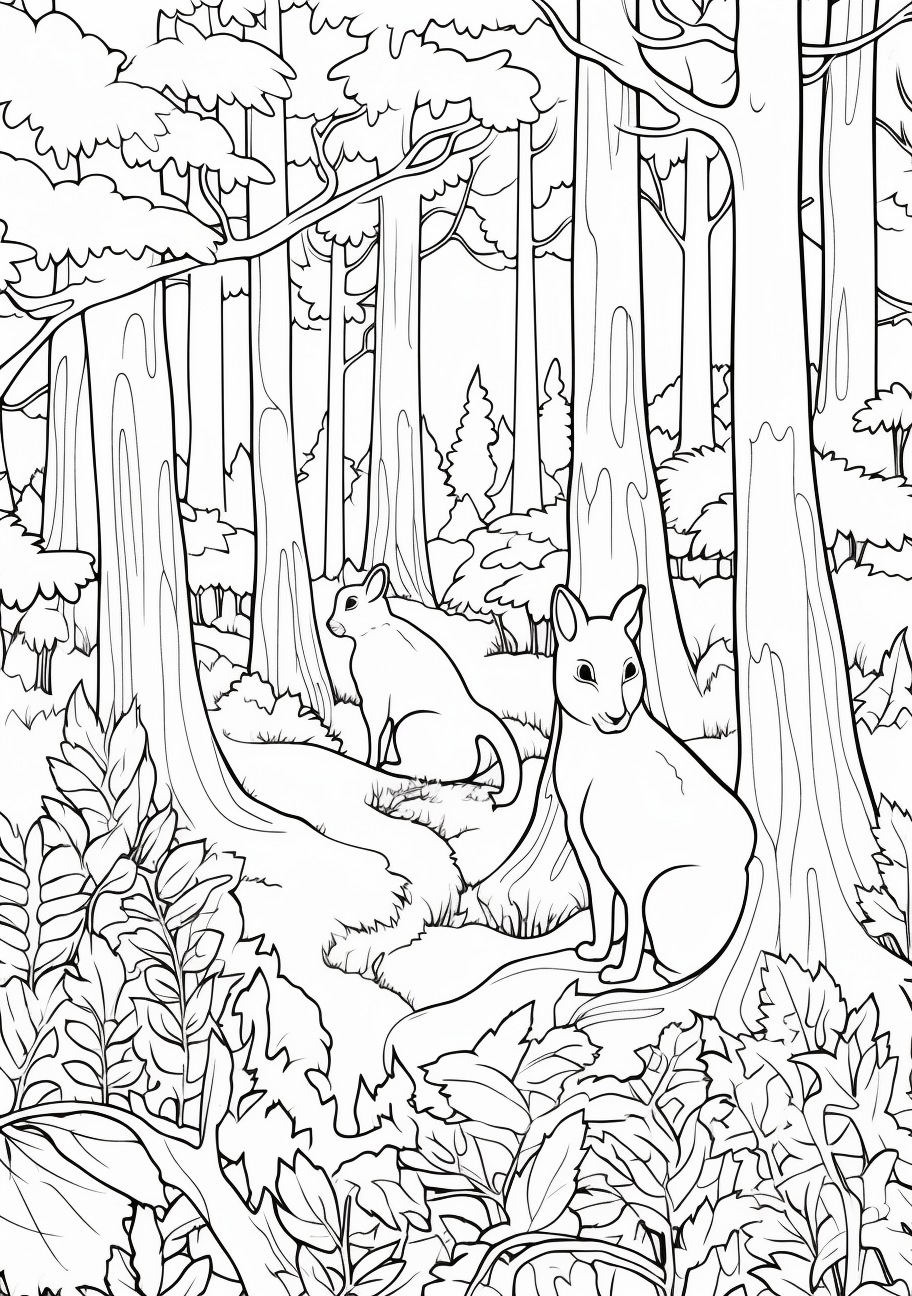 Squirrels in playful poses; forest setting with towering trees and falling leaves.printable coloring page, black and white, free download