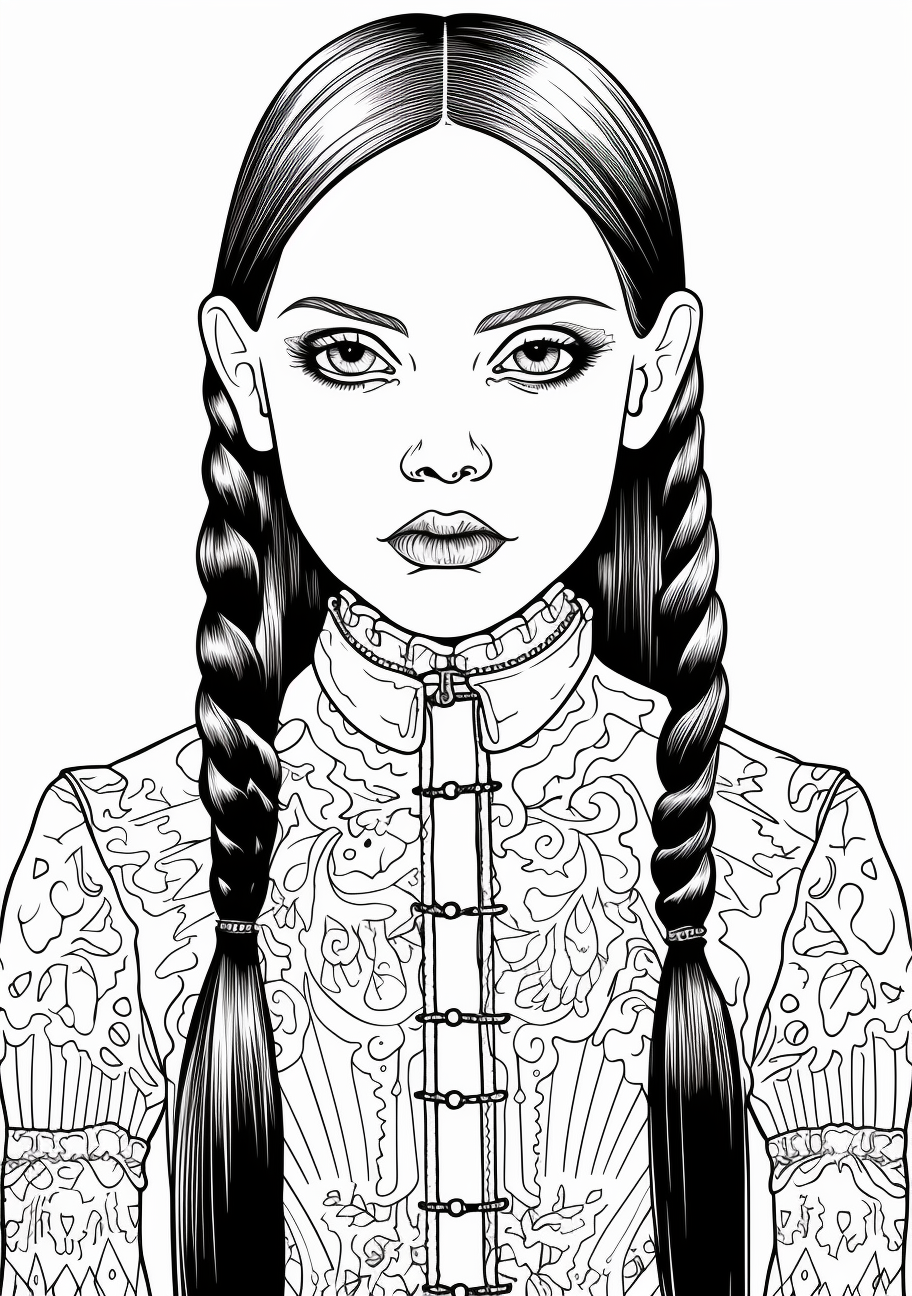 Gothic portrayal of Wednesday Addams; her hair is straight and she wears an intricate lace collar. printable coloring page, black and white, free download