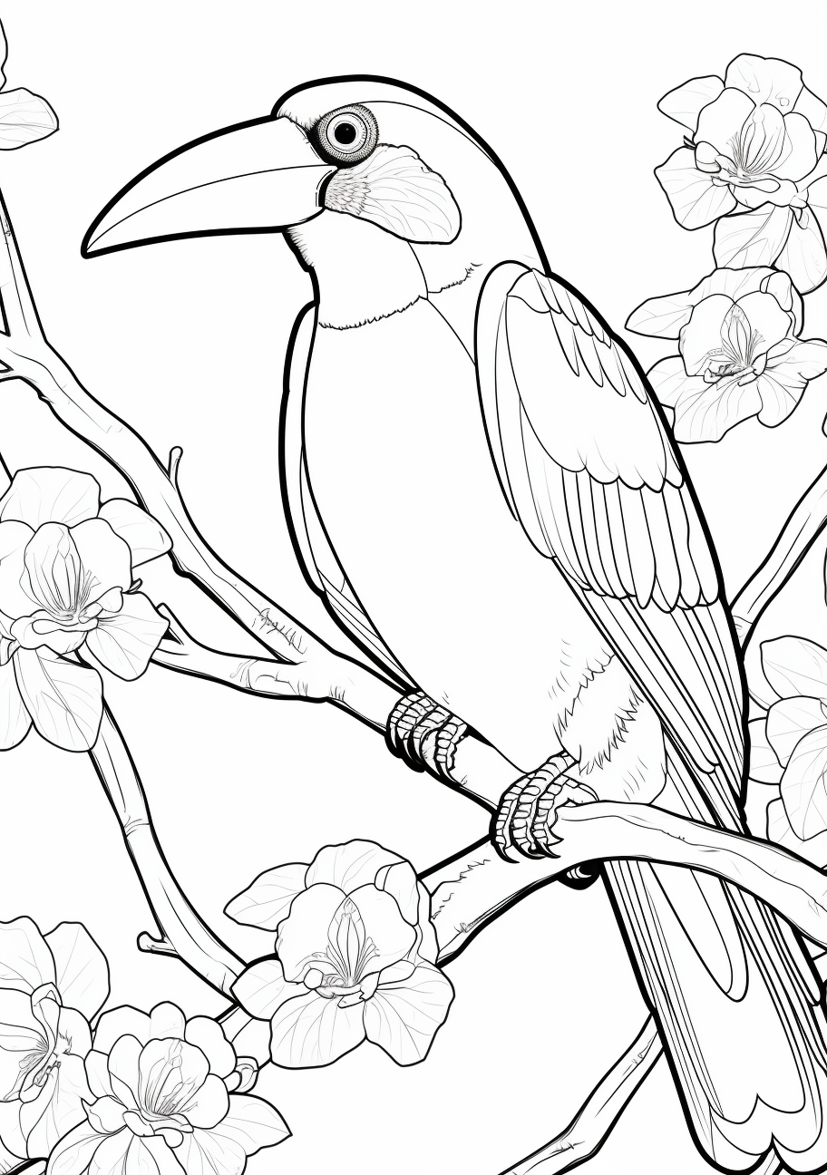 Tropical scenery with a perched Toucan; intricate patterns and bold outlines.printable coloring page, black and white, free download