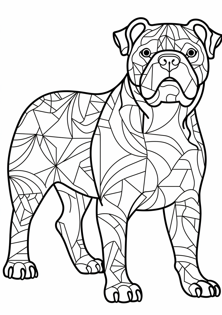 Bulldog made up of geometric features and shapes printable coloring page, black and white, free download