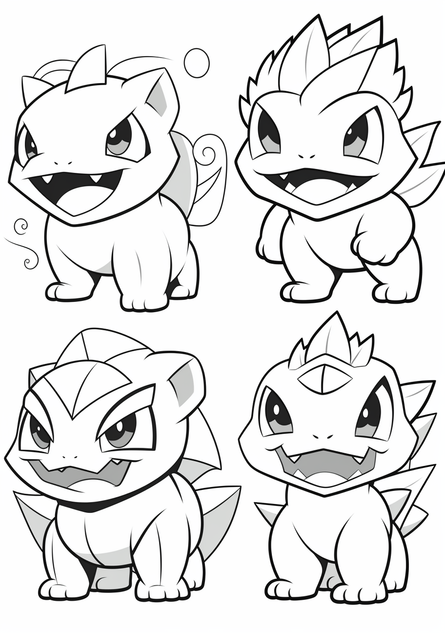 Bulbasaur's growth journey into Ivysaur and final evolution into Venusaur; simplistic creature design. printable coloring page, black and white, free download