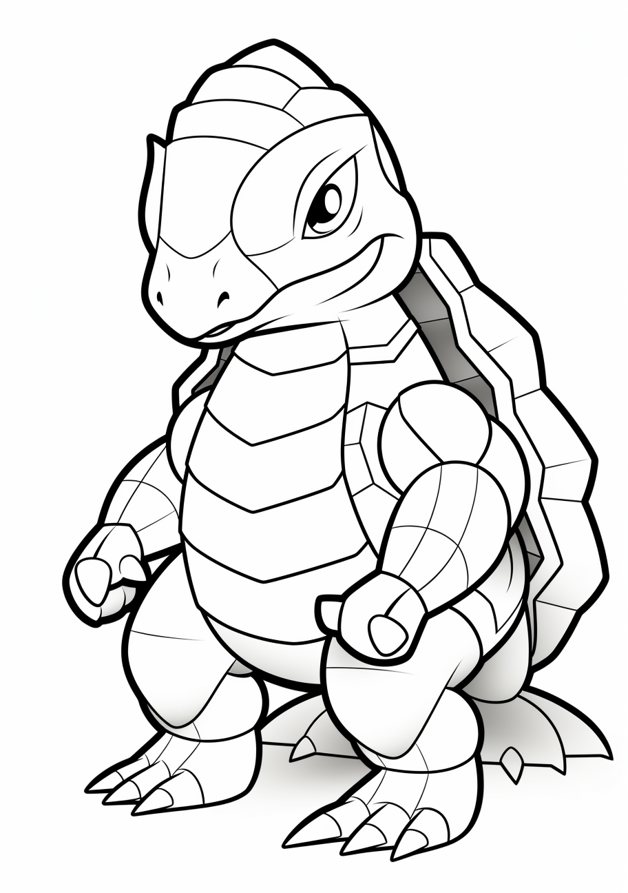 Starter pokemon B shown in its well-known stance; simple lines and basic shapes. printable coloring page, black and white, free download
