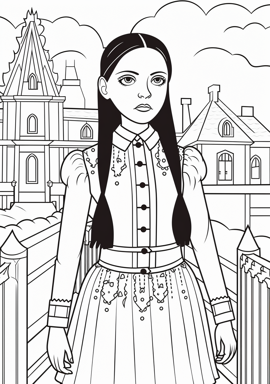 Wednesday Addams is displayed alongside unconventional toys; meticulously detailed toys and detailed outlines on Wednesday. printable coloring page, black and white, free download