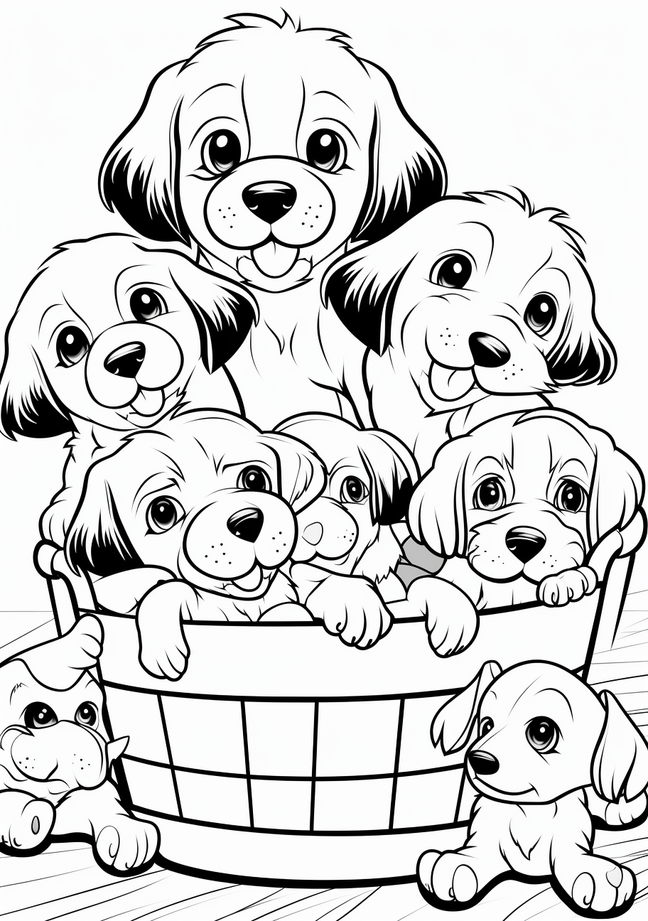 Adorable puppies seen from a basket with cute facial expressions; clean lines and simple shapes. printable coloring page, black and white, free download
