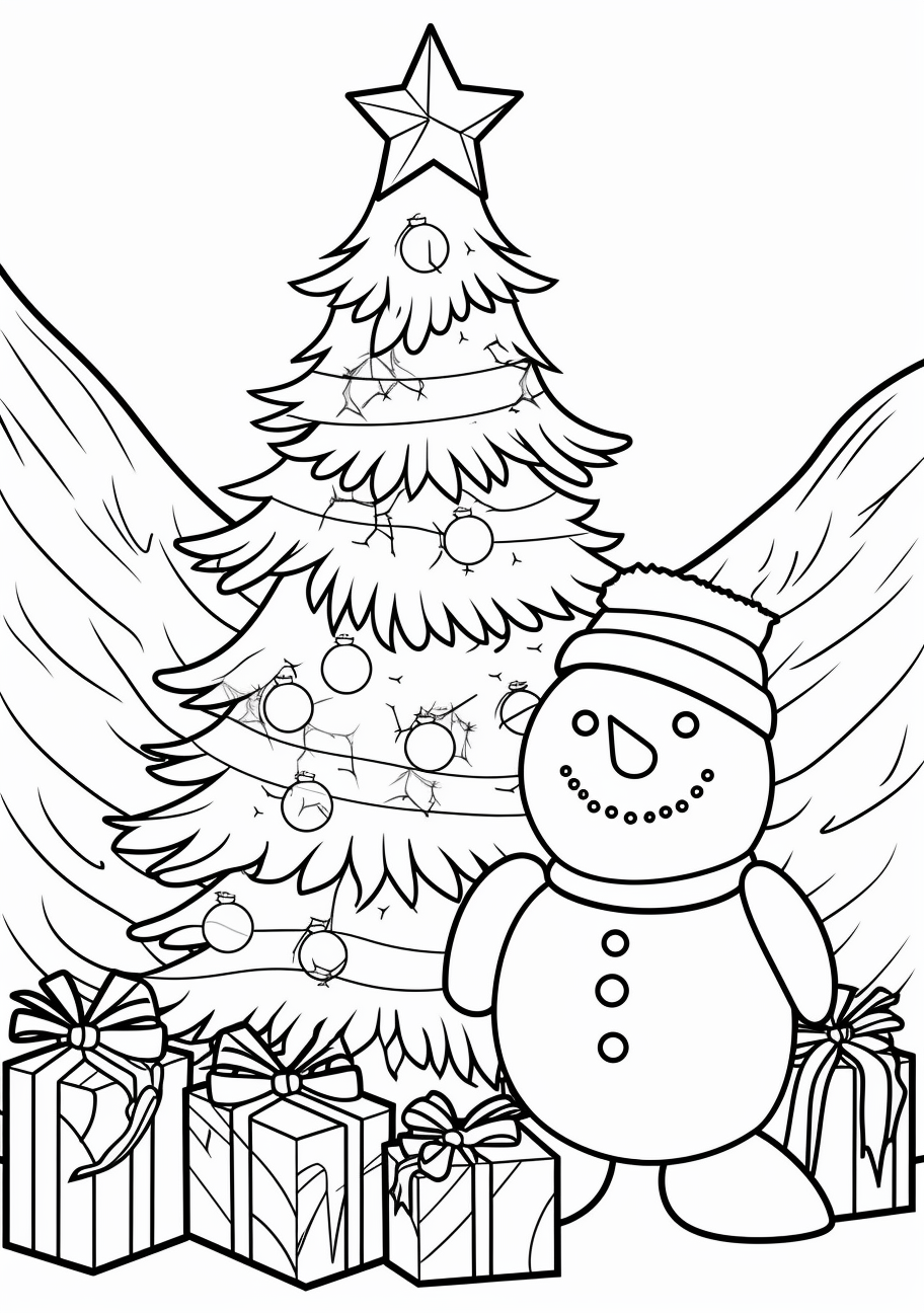 Image showcasing a festive snowman beside an ornate Christmas tree; bold lines and intricate patterns.printable coloring page, black and white, free download