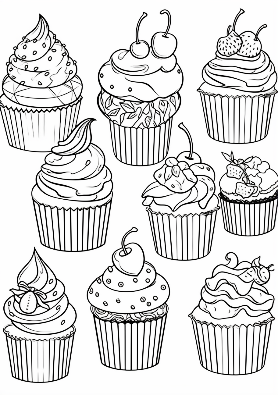 Display of various cupcakes; each with unique patterns and solid outlines.printable coloring page, black and white, free download