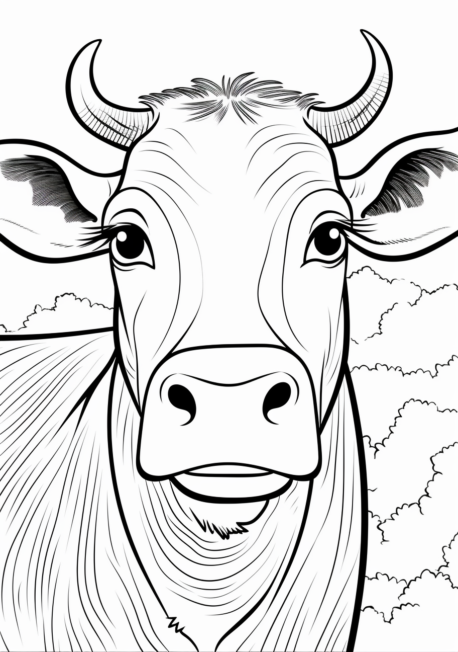 Close-up view of a cow's face, highlighting the creature's gentle and friendly expression.printable coloring page, black and white, free download