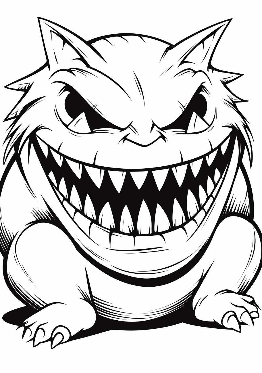 Front view of Gengar, smiling wide; minimalist art style with bold outlines. printable coloring page, black and white, free download