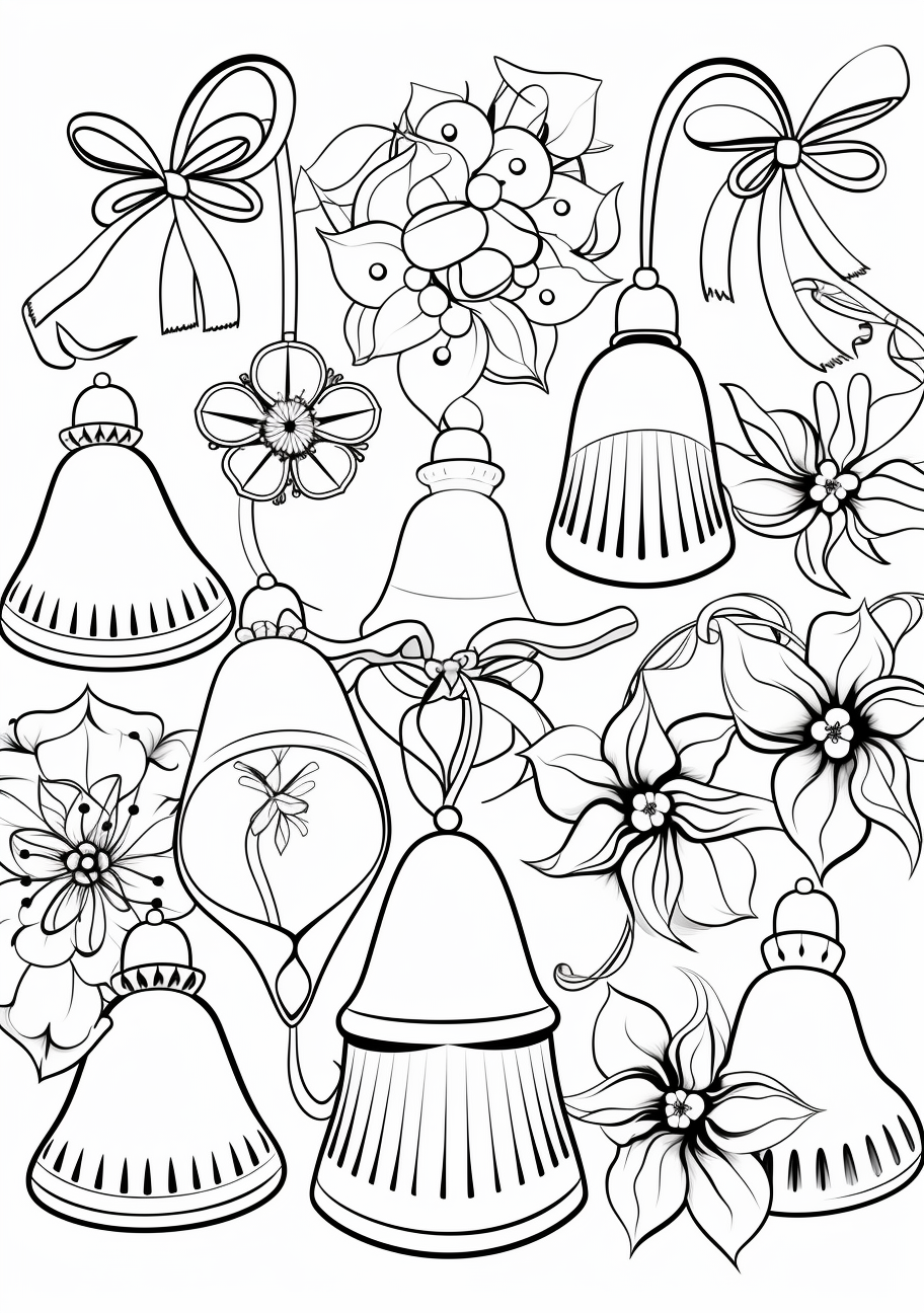 A classic Christmas scene of decorative ornaments and bells; drawn with clean lines and bold shapes.printable coloring page, black and white, free download