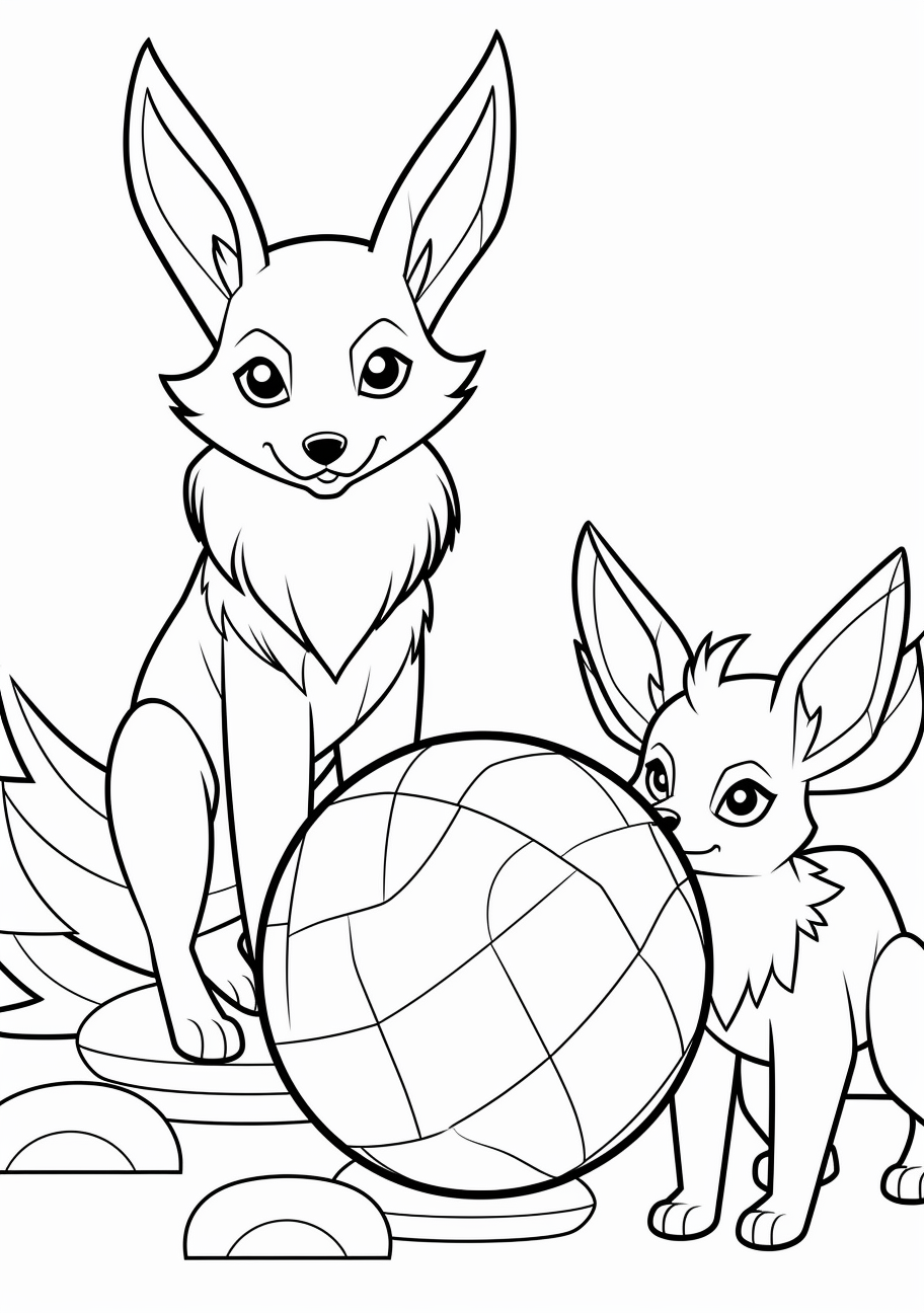 Eevee figure paired with a Poké Ball; detailed outlines and simplified features. printable coloring page, black and white, free download