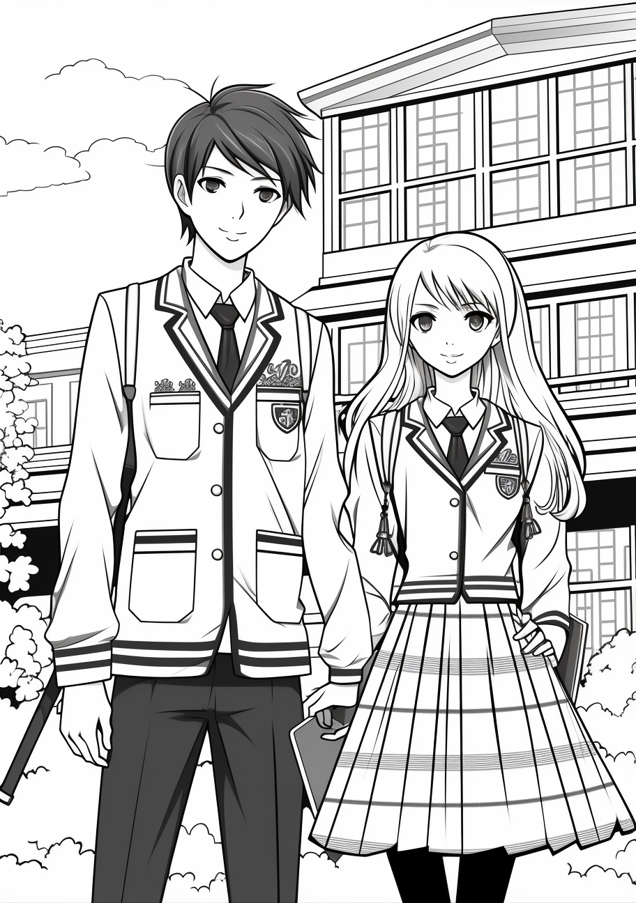 Anime characters in a classic school scene; uniforms and school props