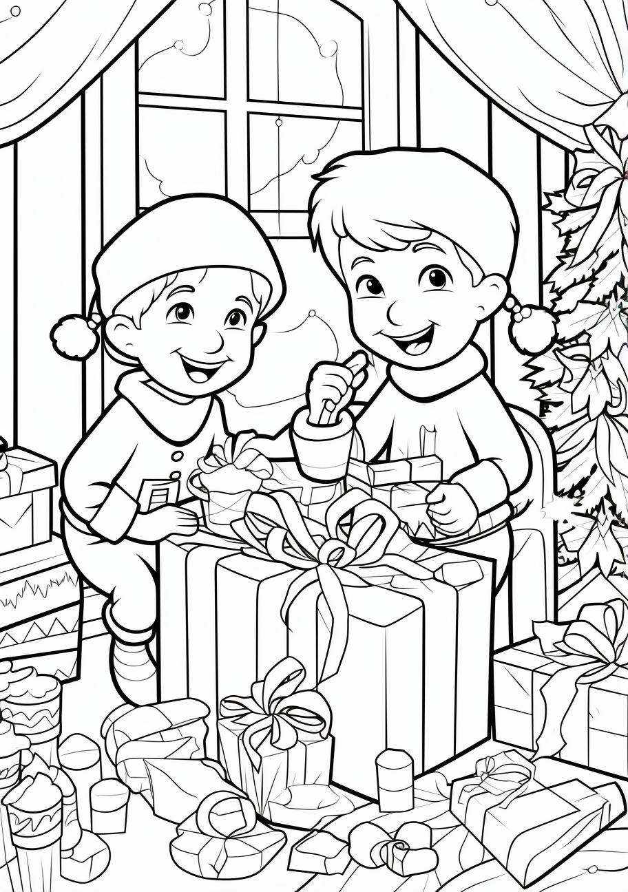 Santa Claus and elf preparing presents; cartoon-style drawings with expressive faces.