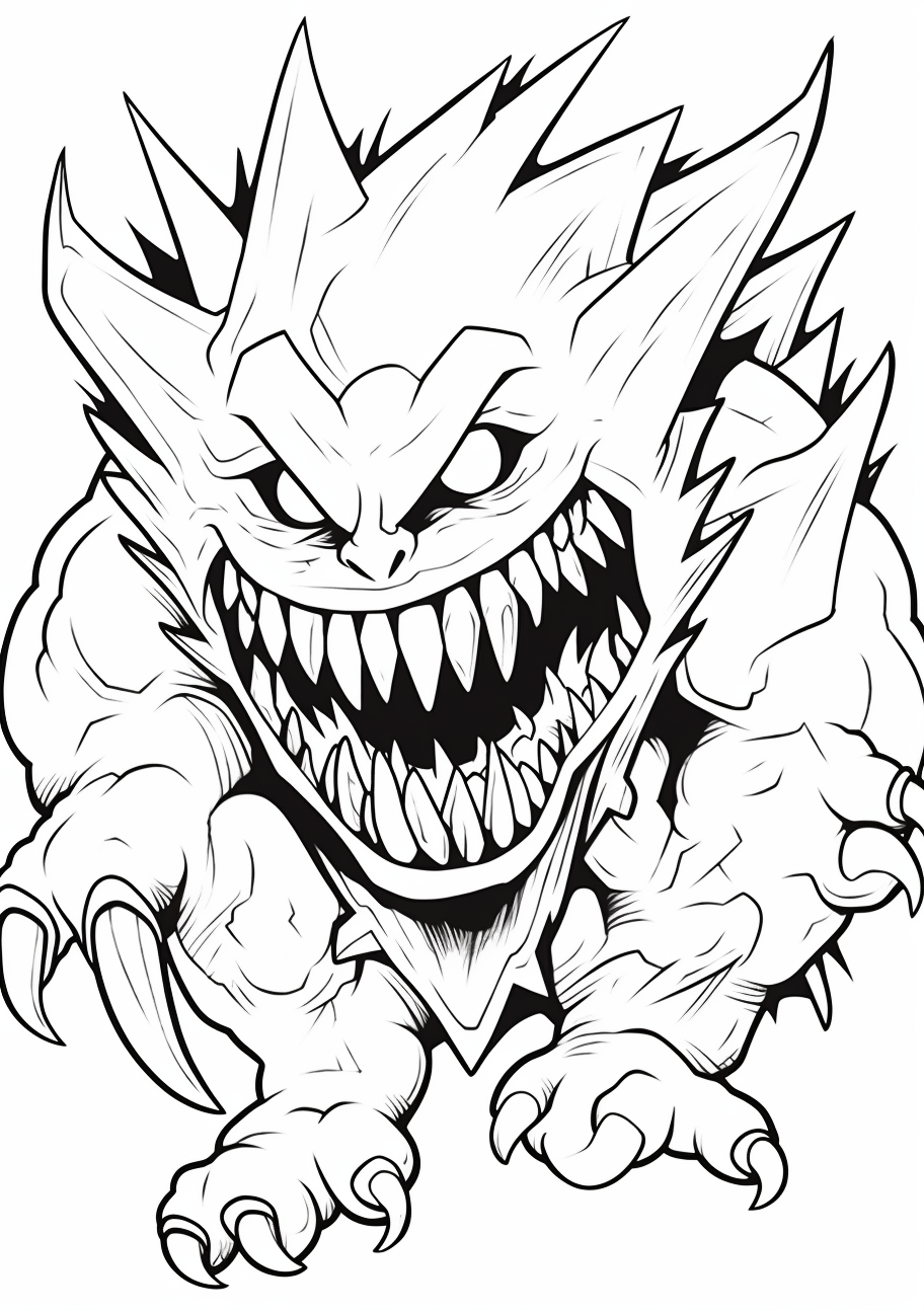 Mega Gengar in dynamic action; detailed outlines and intricate patterns. printable coloring page, black and white, free download