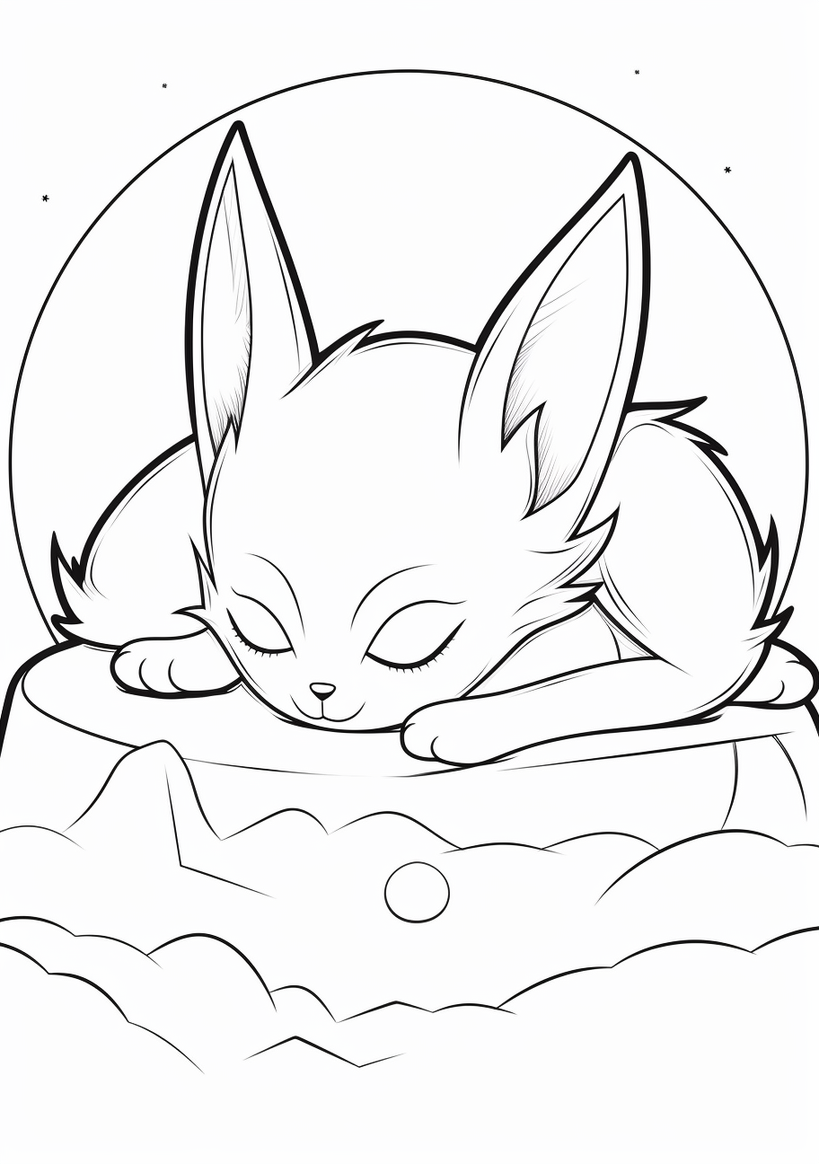 Eevee taking a peaceful nap; moderate details and softer lines. printable coloring page, black and white, free download