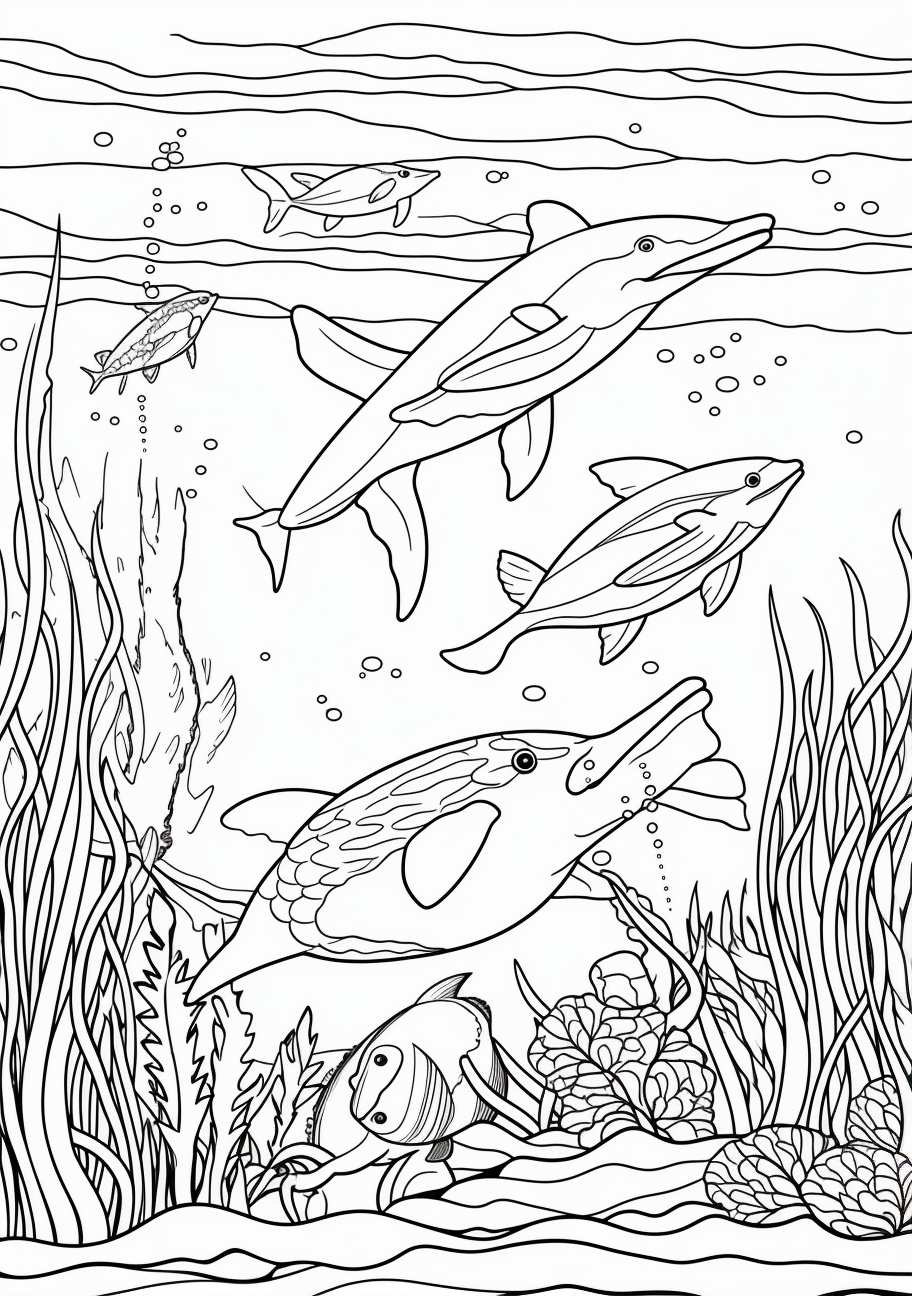 Diverse marine life including fish, dolphins, and octopi engaging with seaweed and rocks; nuanced shading. printable coloring page, black and white, free download