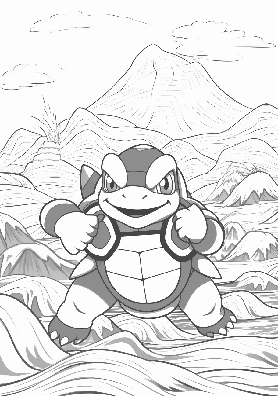 Squirtle's evolution process through Wartortle and into Blastoise; emphasizing the increasing complexity of the shell. printable coloring page, black and white, free download