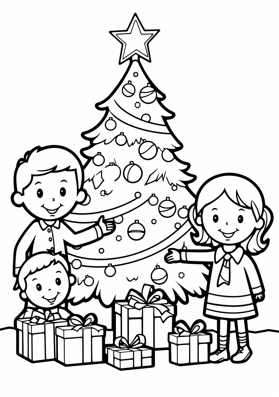 Detailed depiction of a vibrant Christmas tree with presents; holiday decorations and gift boxes drawn with clean, simple lines.printable coloring page, black and white, free download