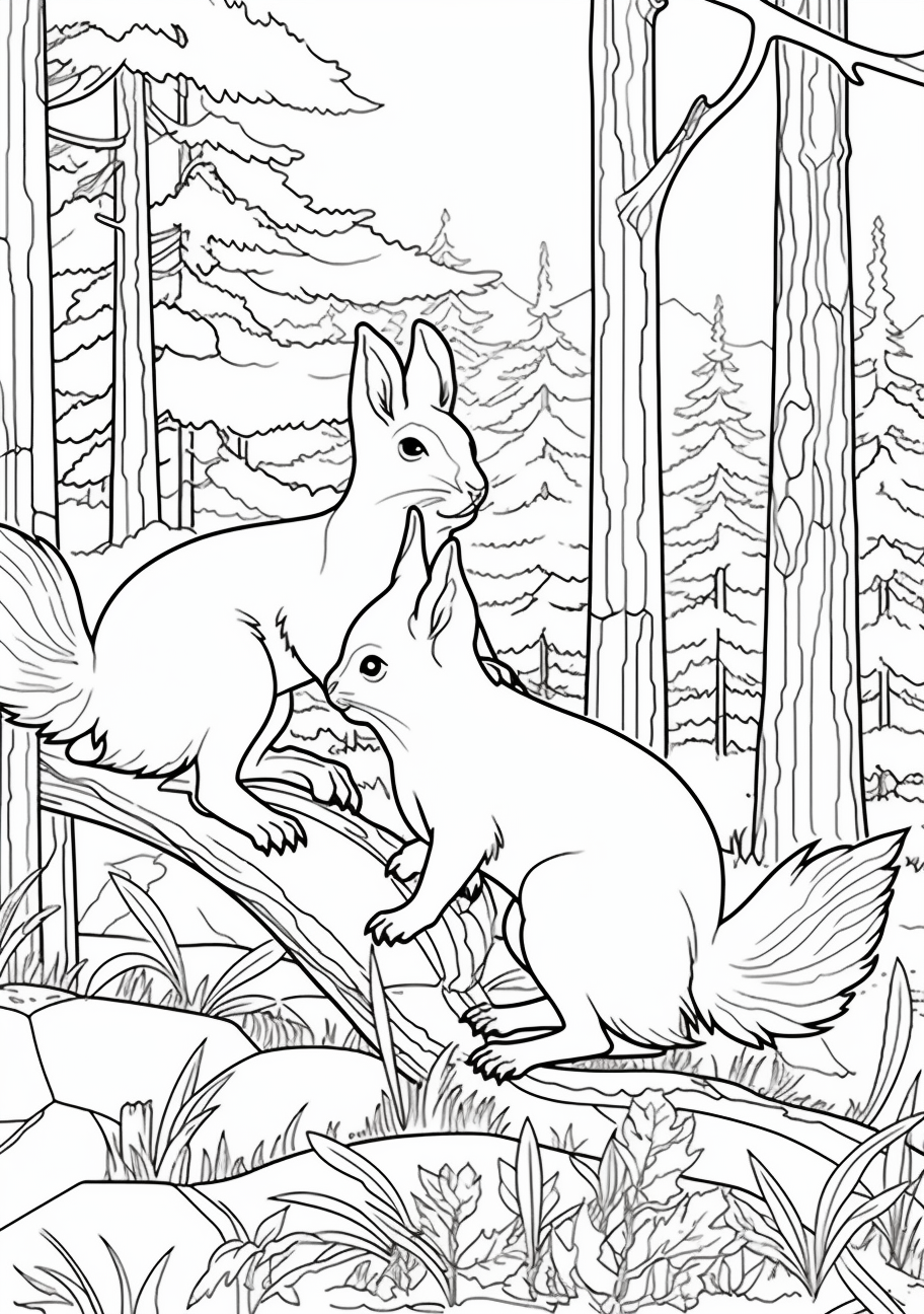 Squirrels playing amidst the forest backdrop; defined with bold outlines and moderate details.printable coloring page, black and white, free download