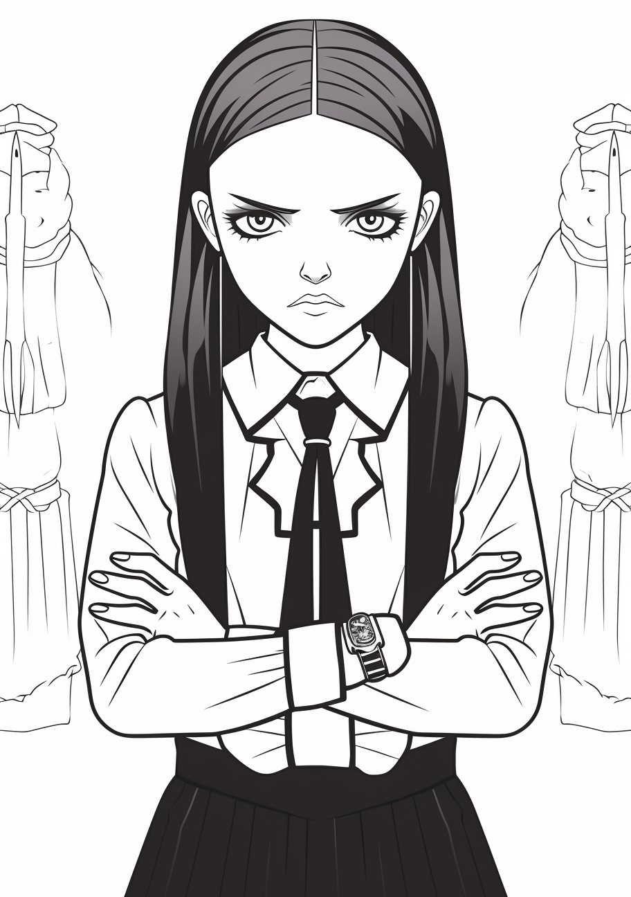 Wednesday Addams with crossed arms and stern expression; emphasis on clothing details and facial expression. printable coloring page, black and white, free download