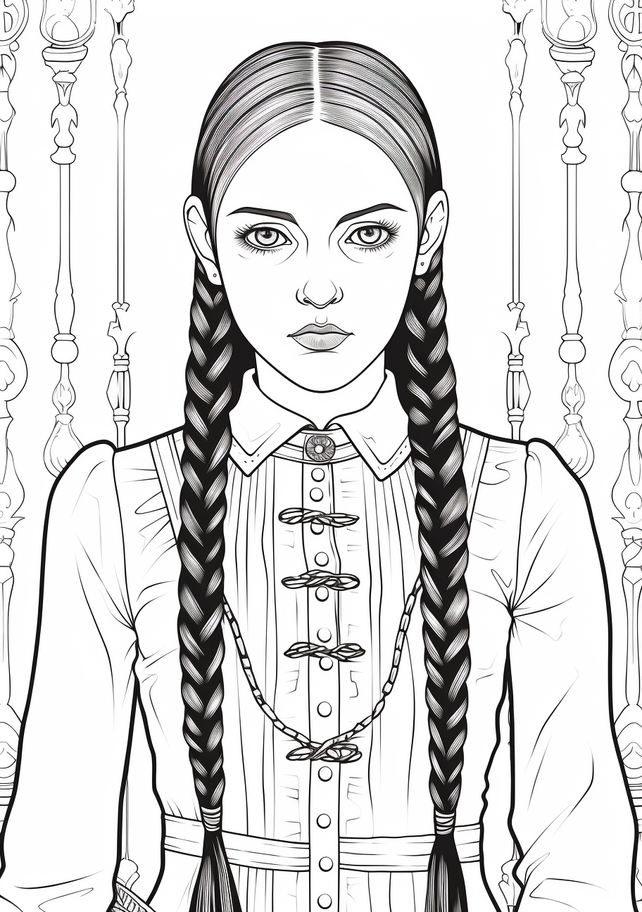 Closeup view of a Vintage Wednesday Addams, with her unique middle part and two braided ponytails, dramatic eye makeup. printable coloring page, black and white, free download