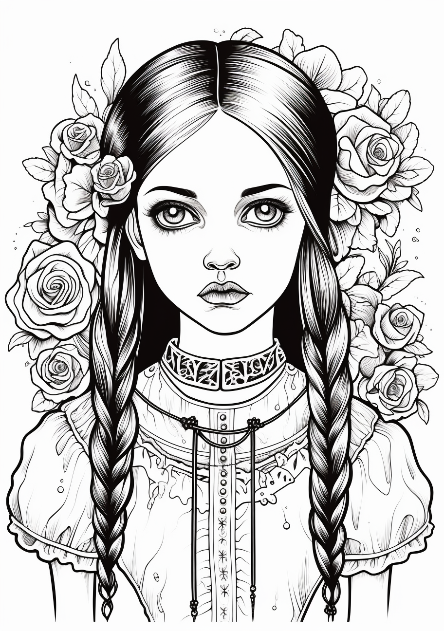 Wednesday Addams drawn in a gothic style; detailed textures and heavy use of contrast. printable coloring page, black and white, free download
