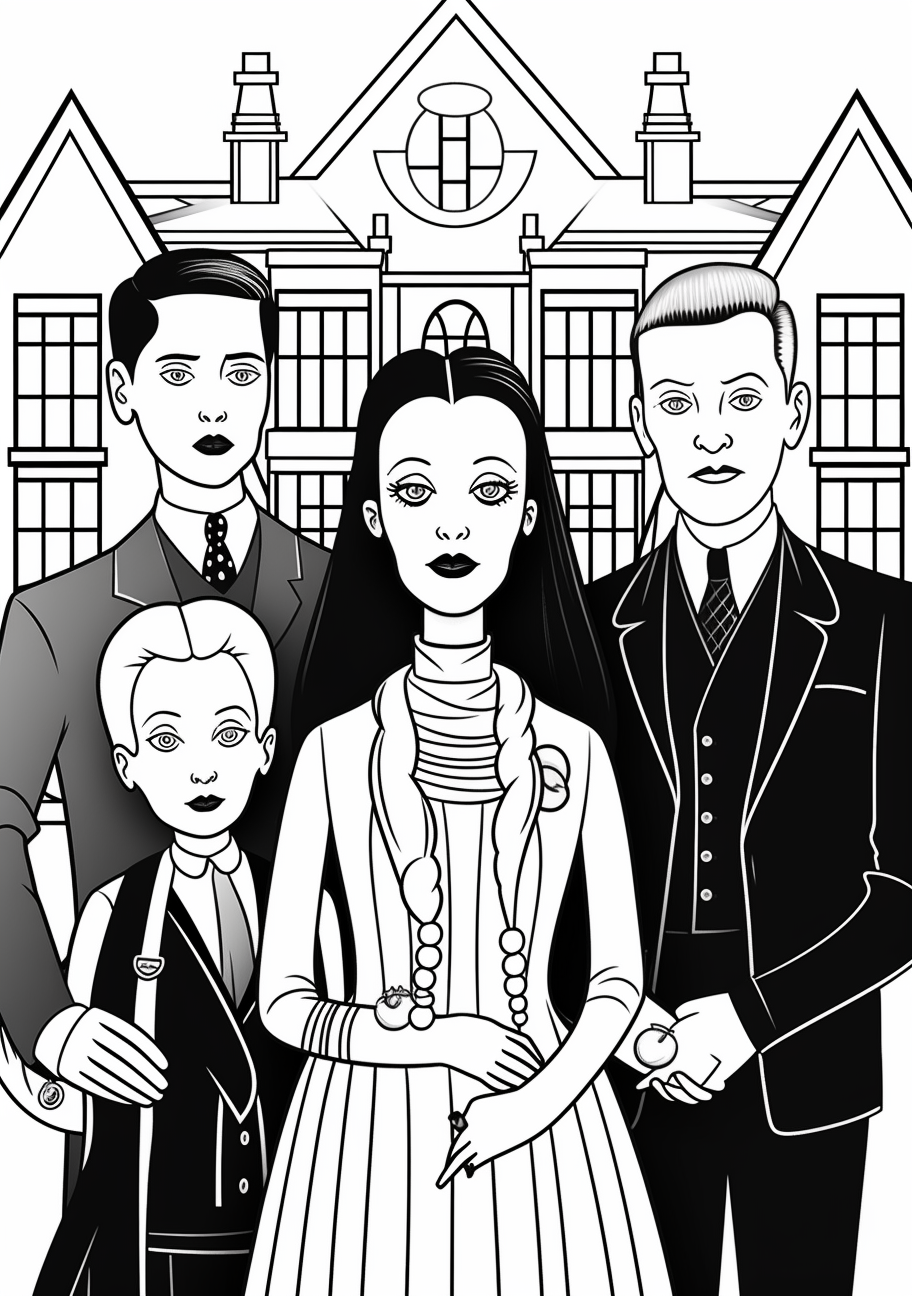 The Addams family group, featuring Wednesday Addams prominently; simple line-work and bold shapes. printable coloring page, black and white, free download