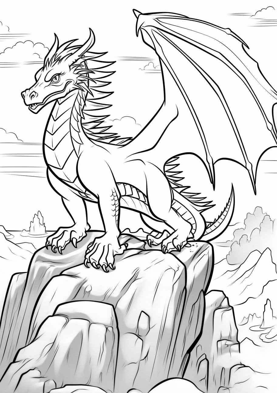 Large dragon on a cliff, poised and ready; finely detailed scales and formidable clawed feet.printable coloring page, black and white, free download