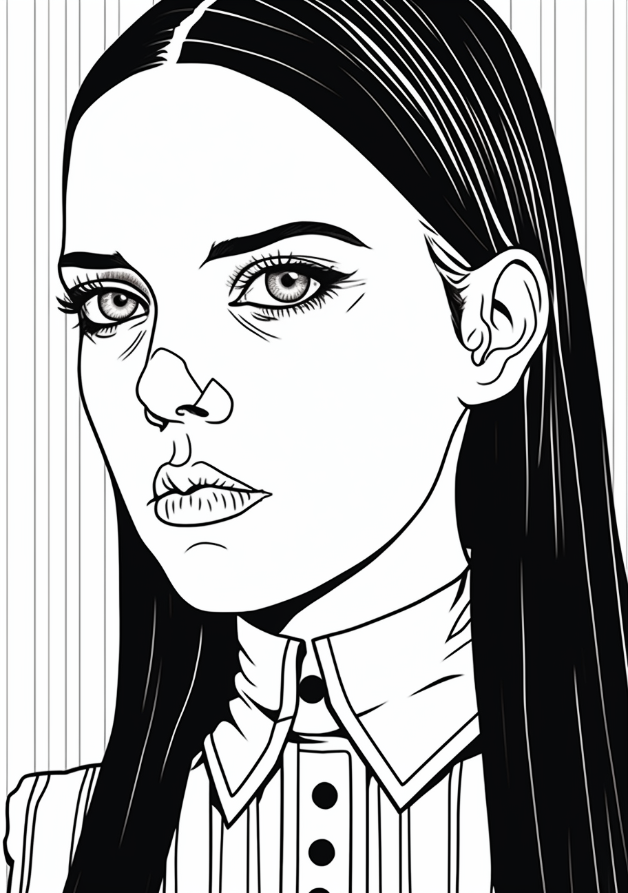 Close-up sketch of Wednesday Addams; minimal details and clean lines. printable coloring page, black and white, free download