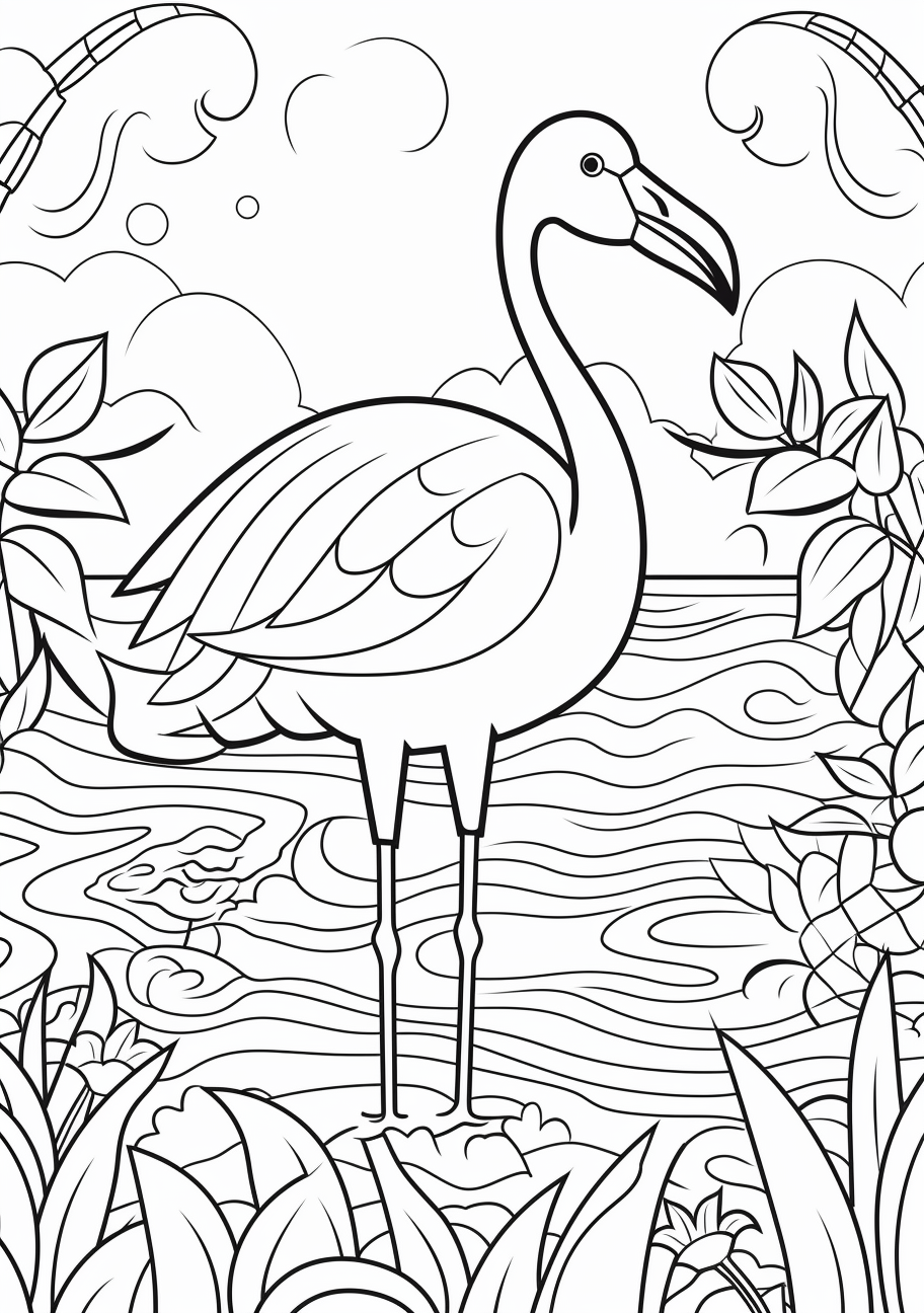 A flamingo standing amongst tropical foliage; clean, bold lines.printable coloring page, black and white, free download