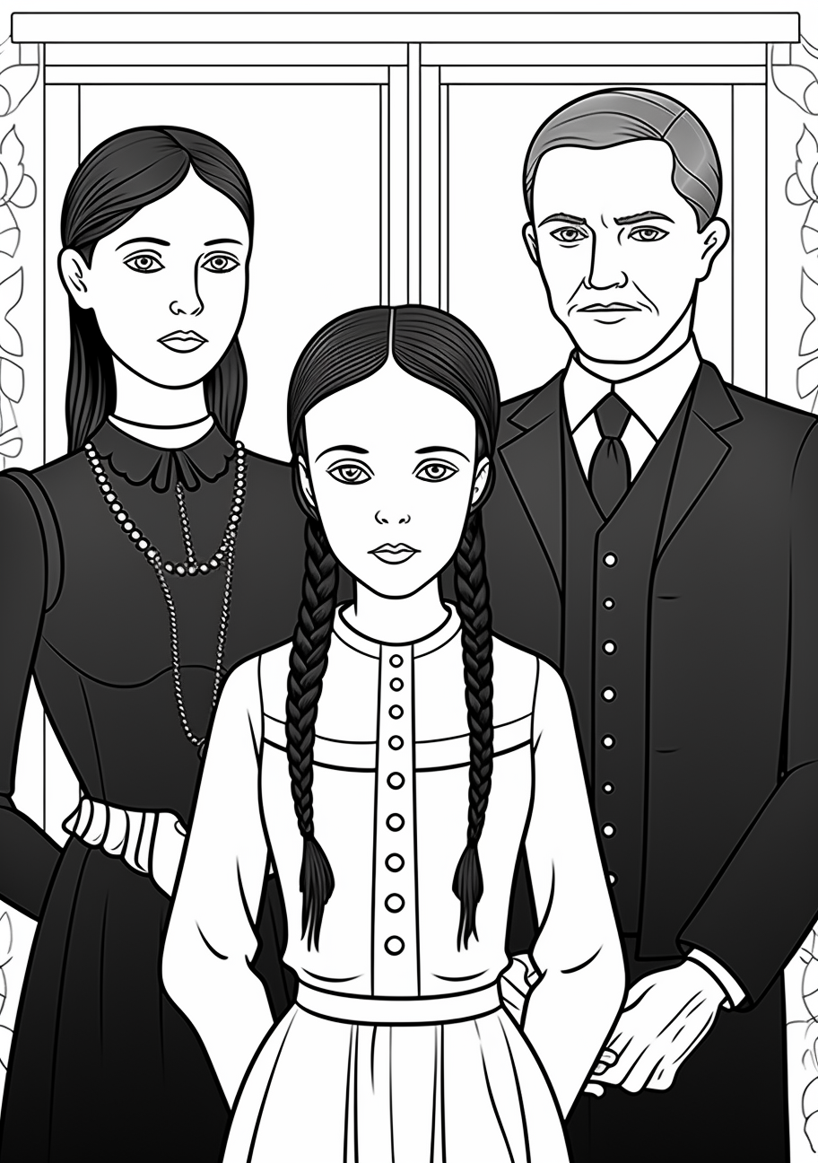 Wednesday Addams and her family; clean lines and expressive faces. printable coloring page, black and white, free download