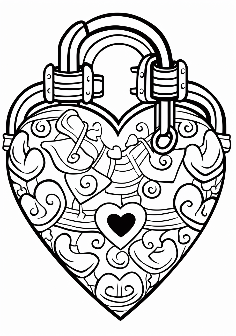 Heart lock with key designs; fine detailing and solid lines.printable coloring page, black and white, free download