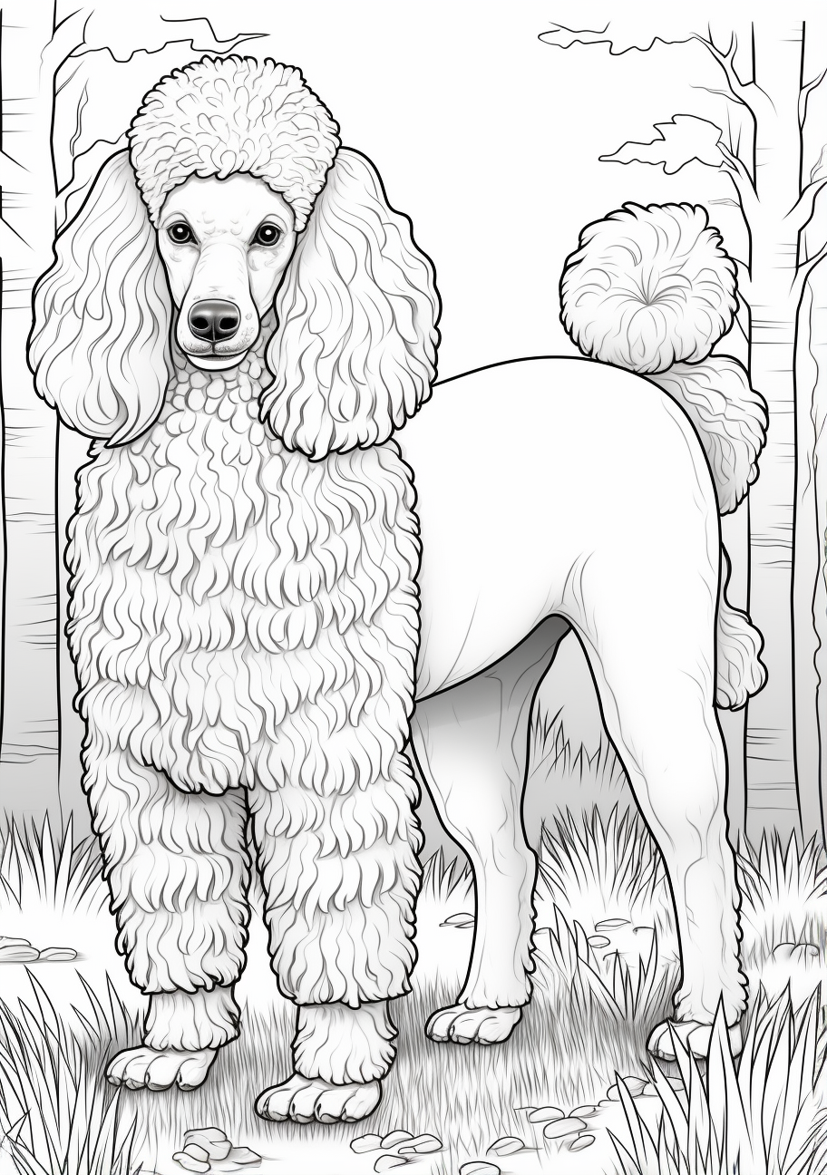 Realistic depiction of a Poodle with emphasis on fine details, especially the curly hair printable coloring page, black and white, free download