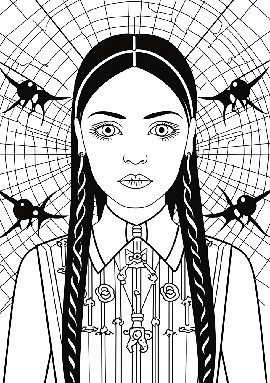 A simple gothic portrait of Wednesday Addams with a spider; bold lines and minimal patterns. printable coloring page, black and white, free download
