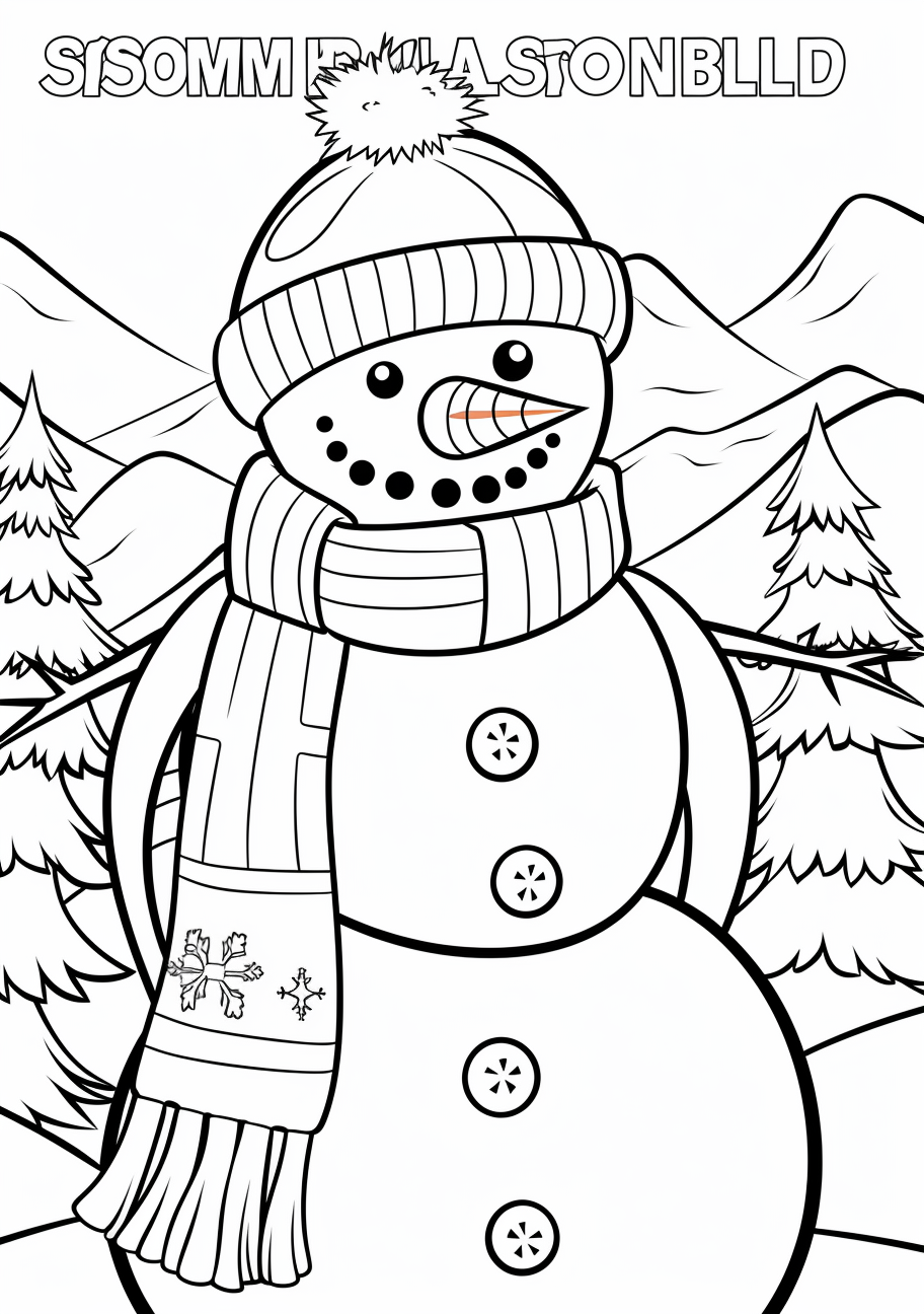 A Christmas-ready snowman with a Santa hat; bold lines and moderate designs.printable coloring page, black and white, free download