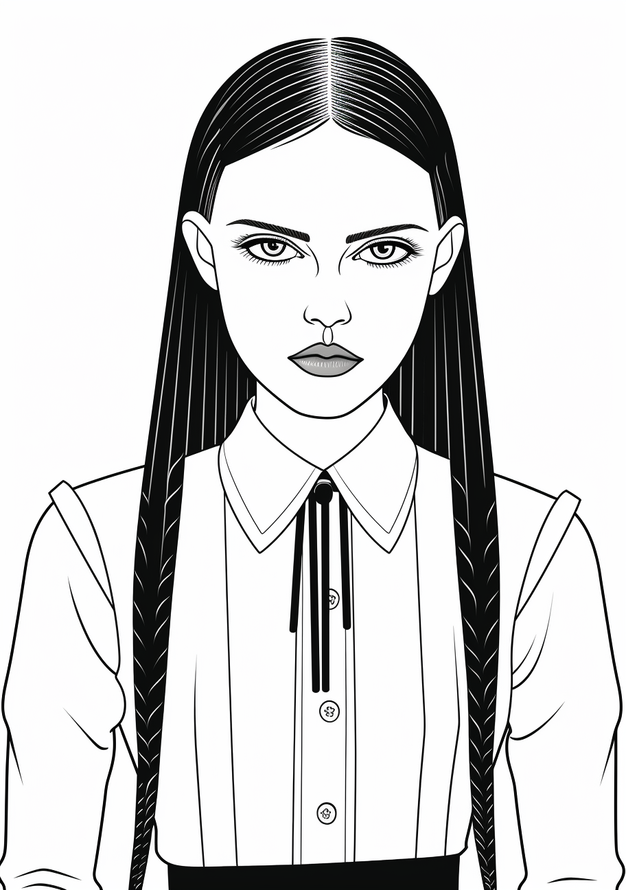 Unique outline of Wednesday Addams with a modern edgy touch. printable coloring page, black and white, free download