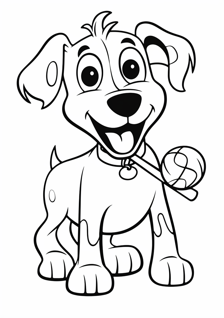 Cartoon-inspired sketch showcasing a dog happily gnawing on a bone, marked by bold strokes and shapes. printable coloring page, black and white, free download