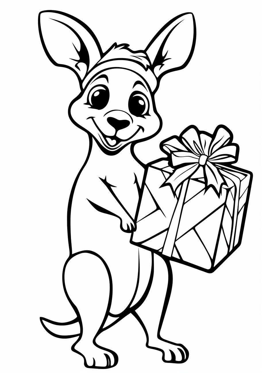 A jolly kangaroo carrying a Christmas gift: Simple lines and cute design.printable coloring page, black and white, free download
