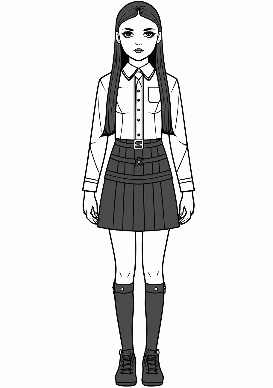 Standing pose of Wednesday Addams; emphasis on her braids and iconic dress. printable coloring page, black and white, free download