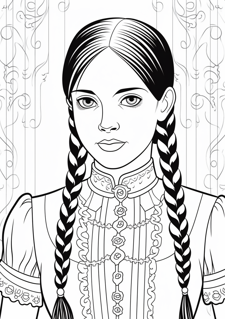 Stoic facial expression of Wednesday Addams; emphasis on wide, unblinking eyes and straight-line mouth; intricate patterns on her collared dress and pleated skirt. printable coloring page, black and white, free download