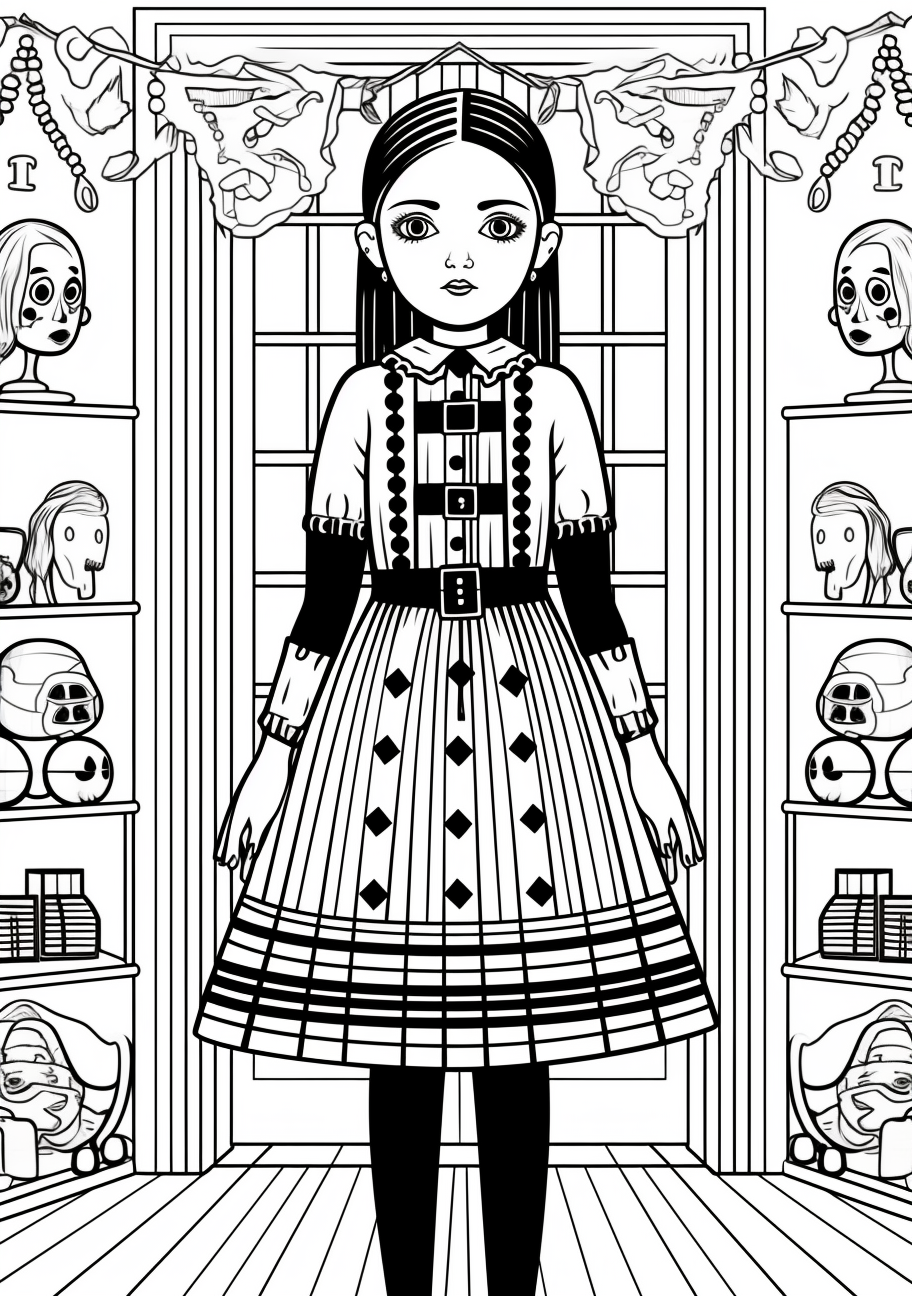 Detailed sketch of Wednesday Addams; intricate design and focus on her dress. printable coloring page, black and white, free download