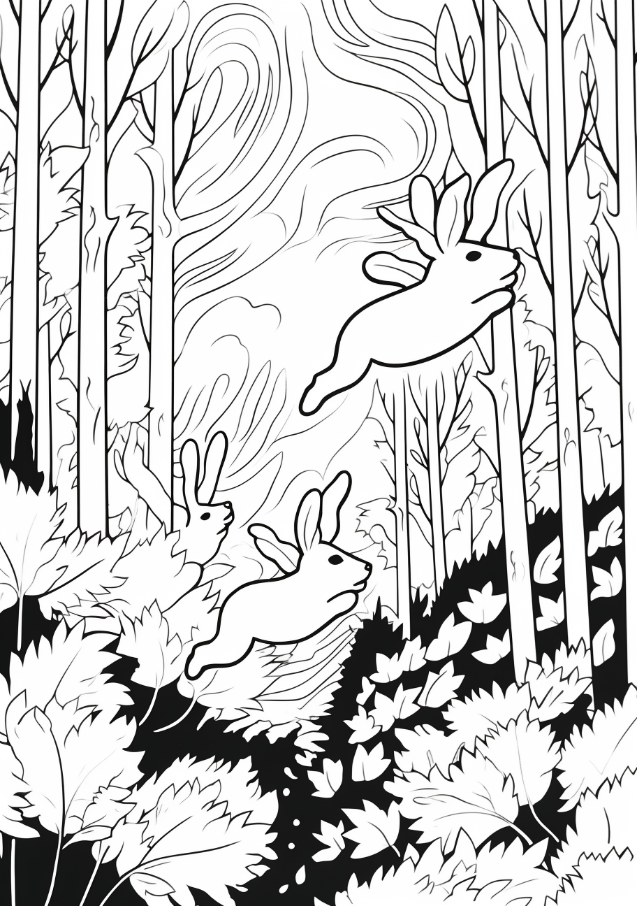 Illustration of hopping rabbits within a detailed forest scene; lively forms and notable fern patterns.printable coloring page, black and white, free download