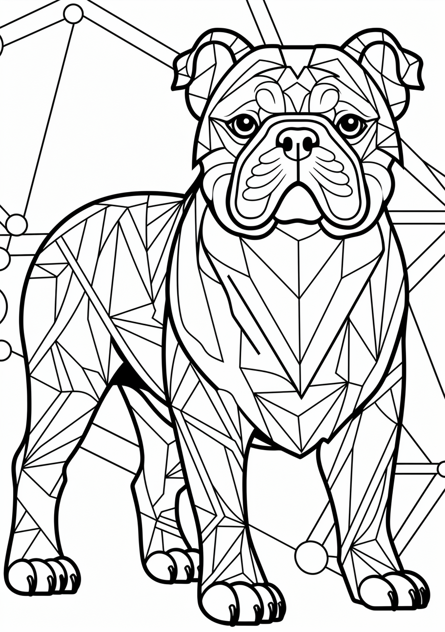 Structured composition of a Bulldog, dominated by geometric patterns printable coloring page, black and white, free download
