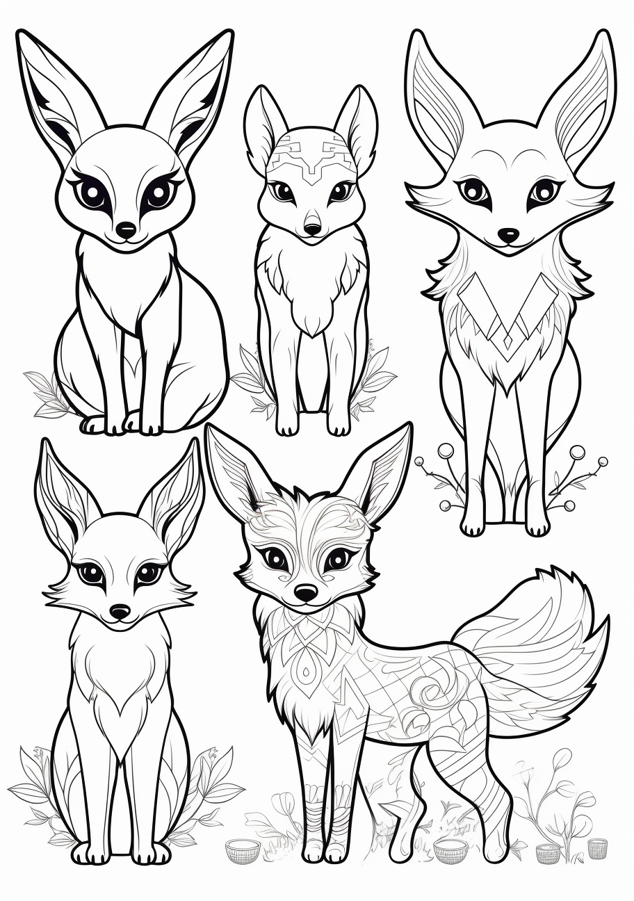 Eevee and its evolutionary forms corresponding to various elements; clean lines and patterns. printable coloring page, black and white, free download